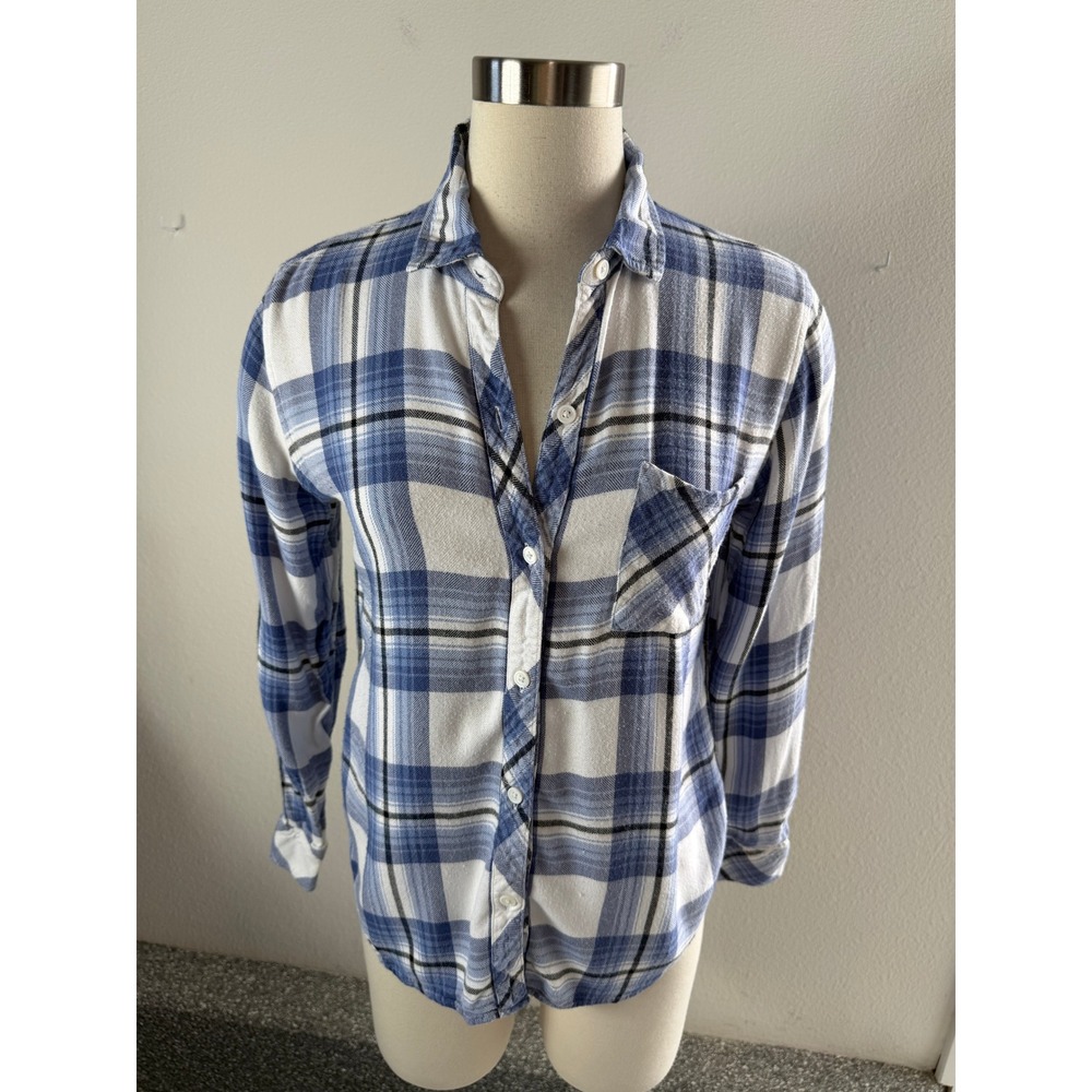 Rails Womens Small Hunter Blue White Plaid Button Up Flannel Shirt Long Sleeve